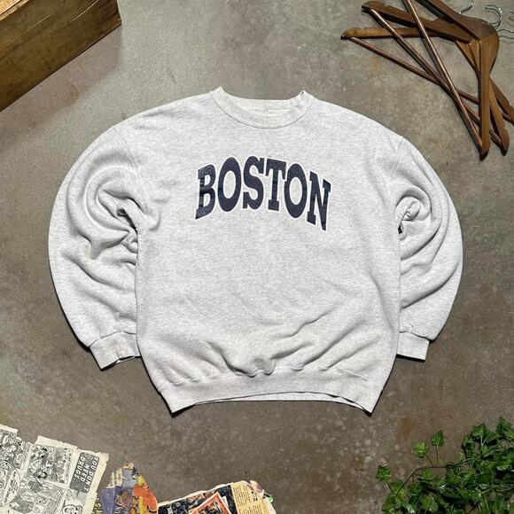 Vintage 90s Boston Crewneck Mens Large Grey Navy Blue Spellout Sweatshirt - Picture 1 of 5